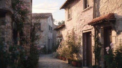 Fototapeta premium Narrow cobblestone street in an old stone village. the street is lined with old stone buildings on both sides, with a row of potted plants and flowers on the left side.