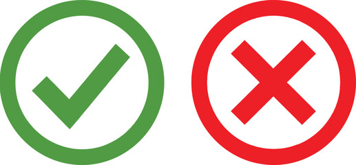 A green check mark and a red cross symbol representing correct and incorrect choices on white Vector © Rehena