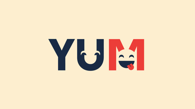 The word "YUM" displayed with a happy face, using font, on a cream background
