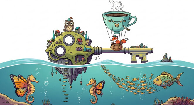 Whimsical underwater scene with steampunk key sea creatures and hot air balloon coffee cup