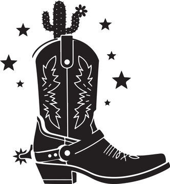 Western cowboy boot silhouette with cactus and stars, Generative Ai