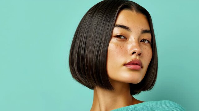 Asian female model with short bob hairstyle gazes to the side, showcasing smooth skin and natural makeup against a solid pastel background in a portrait setting