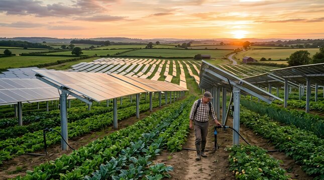 Modern Farmer Inspecting Crops Grown Under Solar Panels In Agrivoltaic Farm During Golden Hour Sunset