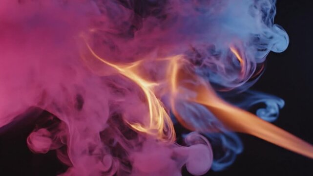 Abstract macro shot of purple and orange fluid smoke plumes colliding and mixing against a solid black background, creating intricate swirling patterns and dense vapor clouds.