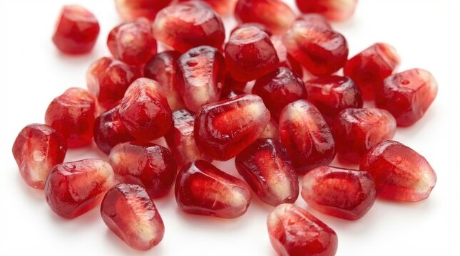 Fresh pomegranate seeds on white.