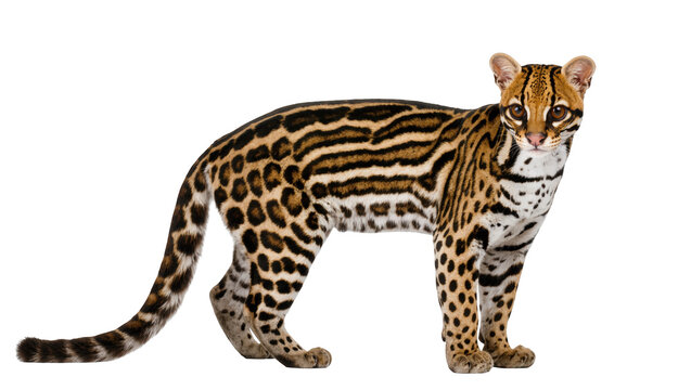 Magnificent ocelot with stunning spotted and striped fur, a beautiful wild cat standing