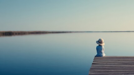 Naklejka premium Child relaxing on wooden pier looking at calm lake summer travel concept