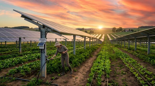 Female Technician Inspecting Agrivoltaic Solar Panels In A Sustainable Crop Field During A Vibrant Sunset