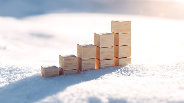 Wooden blocks form a growth bar graph on fresh snow under soft, warm sunlight, symbolizing progress, financial increase, stability, and future success