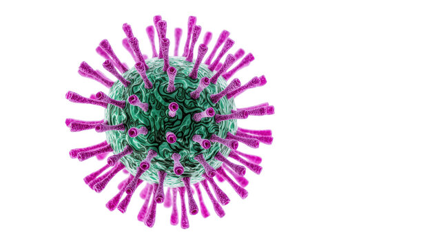 High-resolution 3D rendering of a virus particle with green core and magenta spike proteins