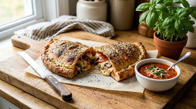 Homemade cheesy calzone sliced on a wooden board, Italian stuffed pizza bread with marinara sauce, Golden baked calzone with pepperoni and mushrooms
