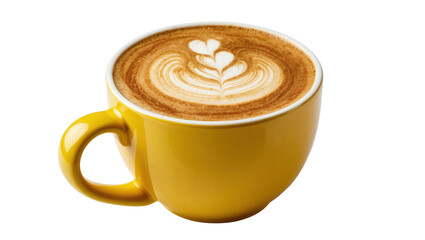 Naklejka na ściany i meble Delicious hot latte with beautiful heart-shaped latte art in a vibrant yellow ceramic mug