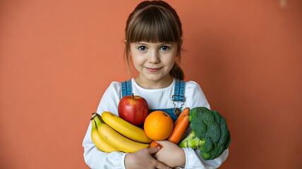 Fototapeta premium Cute little girl holding fresh fruits and vegetables promoting healthy eating and nutrition