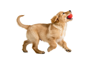 Energetic Golden Retriever puppy running with a red toy ball in its mouth, looking up. © Maros