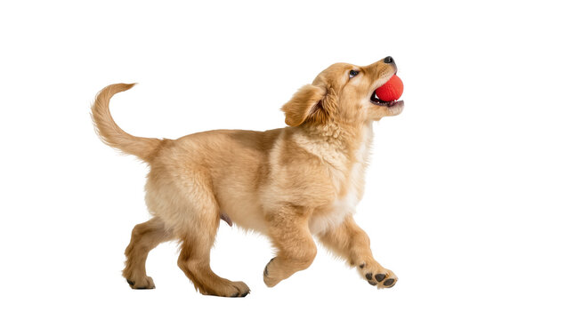 Energetic Golden Retriever puppy running with a red toy ball in its mouth, looking up.