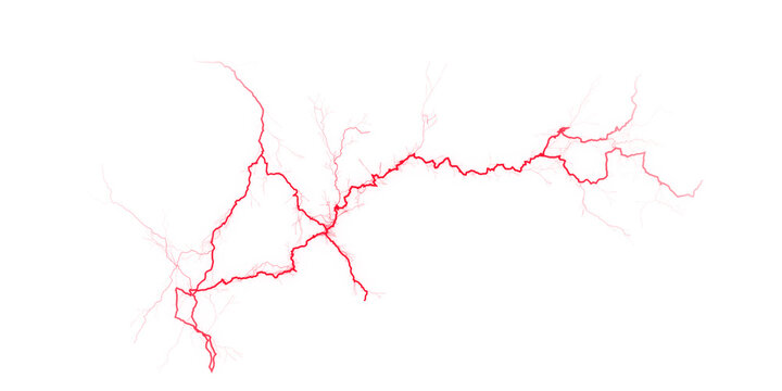 Red lightning strike across a dark black sky creates a powerful electric flash of energy and plasma in this eerie visual