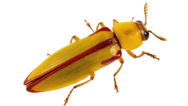 Vibrant yellow beetle with distinct red stripes on its back, a striking insect specimen