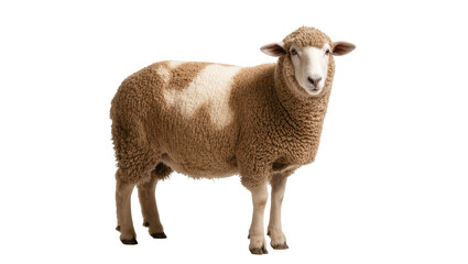 Fototapeta premium Domestic sheep standing confidently, looking at camera with thick brown and white wool