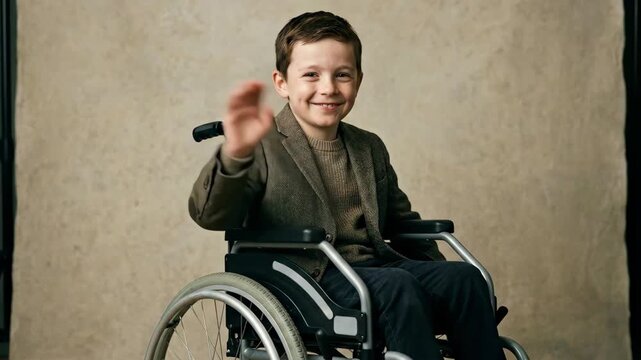 happy caucasian boy sitting in wheelchair and waving hand. smiling disabled child portrait on beige background. inclusivity concept. healthcare brochure, social campaign.