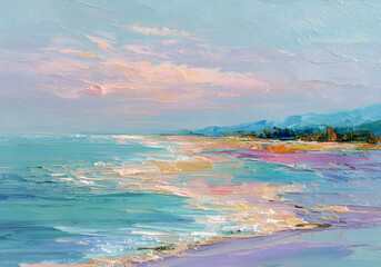 Colorful Impressionist Seascape Painting with Pastel Sky and Ocean Waves Coastal Landscape Art