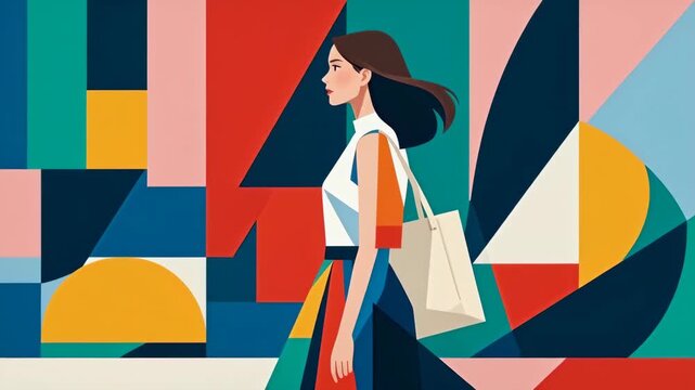 Elegant flat illustration of a stylish young woman walking in profile past a vibrant colorful geometric abstract background