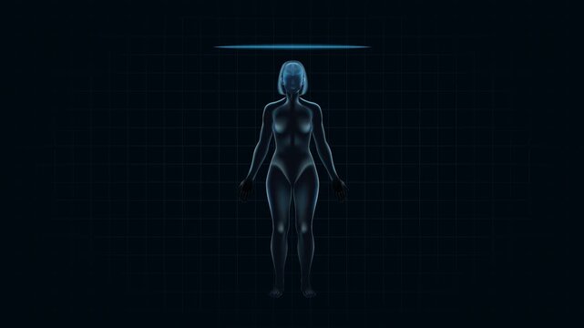 Woman body biometric scanner HUD. Glowing skeletal system with full body bones and x-ray scan. Internal organs with major viscera and diagnostic MRI scan. High tech healthcare and AI medicine motion g