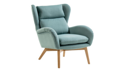 Fototapeta premium Stylish comfortable modern fabric armchair with wooden legs for contemporary home decor