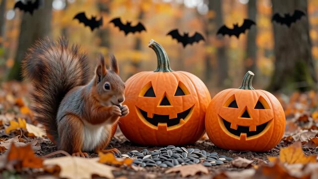 Red squirrel eating sunflower seeds next to carved Halloween pumpkins in an autumn forest with bat decorations