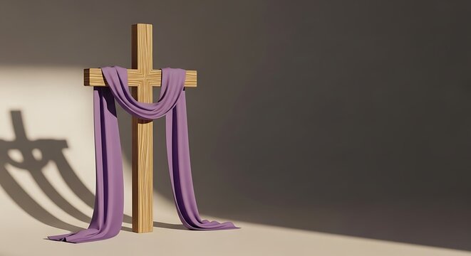 A wooden cross draped with purple fabric, casting a shadow on a plain background, symbolizing faith and spirituality