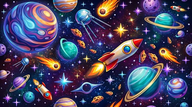 Colorful cartoon space illustration with planets rockets stars and galaxies in vibrant universe background