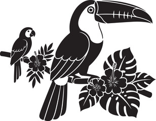 Fototapeta premium Toucan and small bird silhouette in tropical foliage setting, Generative Ai