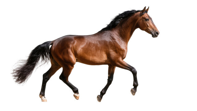 Magnificent bay horse with dark mane and tail in dynamic trot, powerful and elegant