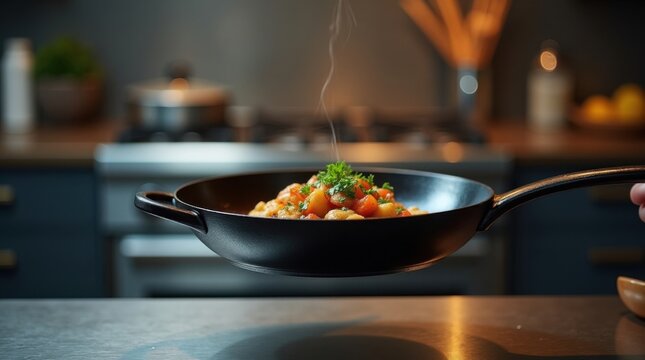 Sart&eacute;n de hierro fundido del chef suspendida en el aire sobre un fondo de cocina minimalista