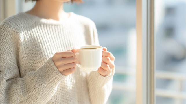 マグカップを両手で持つ女性のリラックスタイム