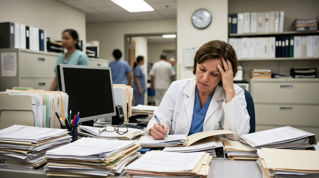 Stressed woman doctor working at desk overwhelmed with medical paperwork. Tired physician reviewing patient records in hospital office. Healthcare professional burnout and heavy workload.