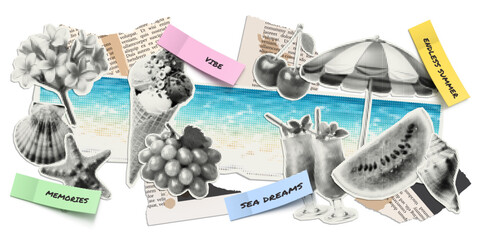 Vector summer and ocean illustrations cut out from magazines, scraps of old newspapers and stickers with quotes. Trendy retro elements with a halftone effect for collage, poster, banner, cover design. © Alexandra Lipina