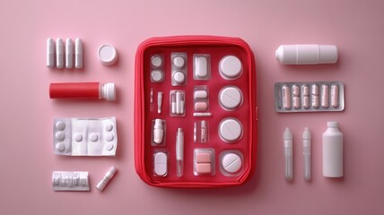 Obraz premium Assorted pills, capsules, bottles, blister packs, and a syringe with a first aid kit for care and medical health