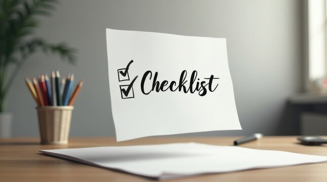 Lista de verificaci&oacute;n en papel con marcas de verificaci&oacute;n en negrita en una elegante fuente cursiva flotando en el aire