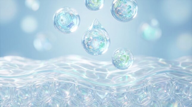 Microscopic visualization of active vesicles penetrating biological barrier for cosmetic and medical research, 3D skincare absorption and dermatology technology rendering