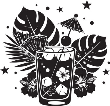 Silhouette of tropical cocktail with umbrella and palm leaves silhouette, Generative Ai