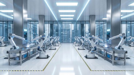 Obraz premium Futuristic sterile cleanroom factory with white robotic arms for pharmaceutical production