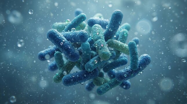 Photorealistic medical visualization of clustered bacilli with microscopic bubbles