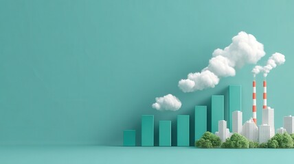 Fototapeta premium Bar graph showing economic growth resulting in factory emissions, cityscape, and trees under clear sky