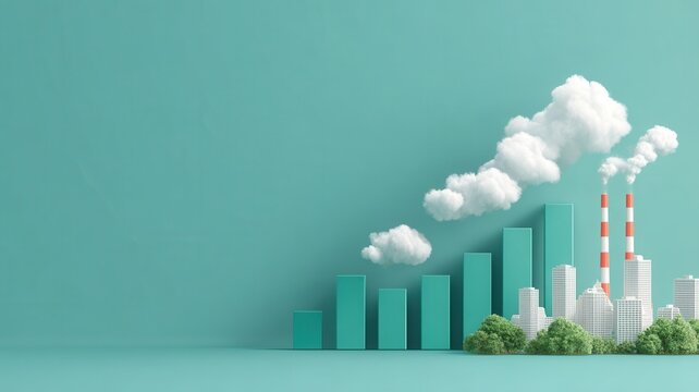 Bar graph showing economic growth resulting in factory emissions, cityscape, and trees under clear sky
