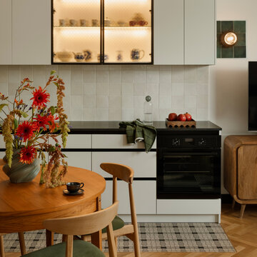 Cozy Kitchen Interior with Warm Lighting and Rustic Touches