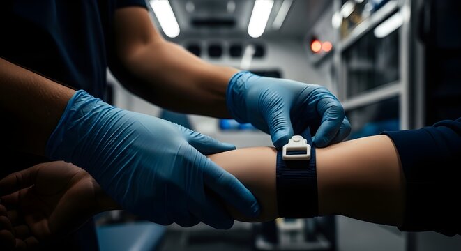 Gloved Medic Securing Tourniquet on Patient Arm Inside Ambulance Close Detail