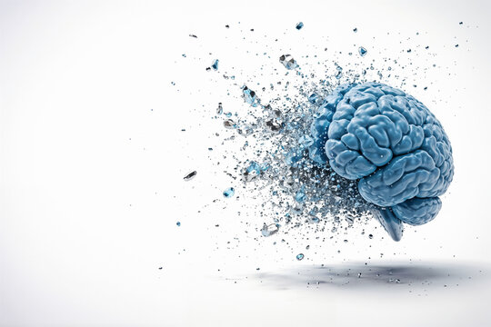Brain fragmentation on a white background with copy space. Abstract concepts of mental burnout, stress, and memory loss in relation to human brain damage.