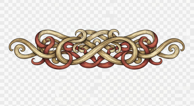 Intricate interwoven knotwork in red and gold, symmetrical and looping