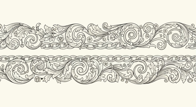 Intricate scrolling floral borders with chain-link accents on a pale background