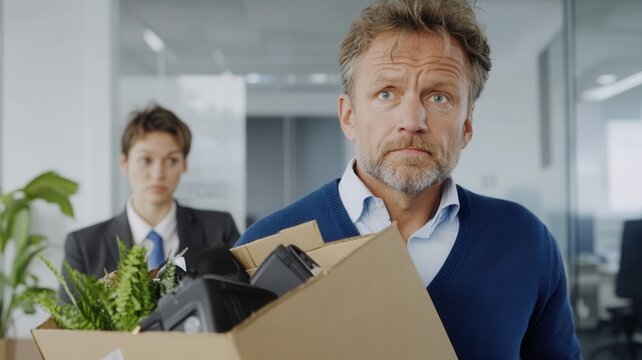 Mature man carrying box of personal belongings, leaving work after job termination sad feeling resignation